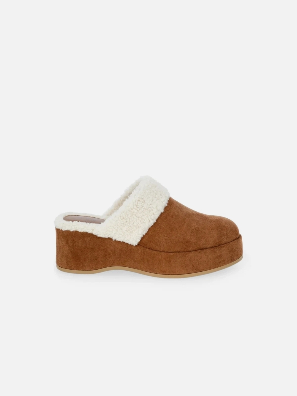 Cozy Suede Platform Mule with Faux Shearling Trim - Brown Size 7